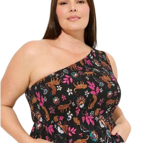TORRID Midi Challis One Shoulder Tiered Dress With 🐆 leopard leaves print. - Picture 8 of 12